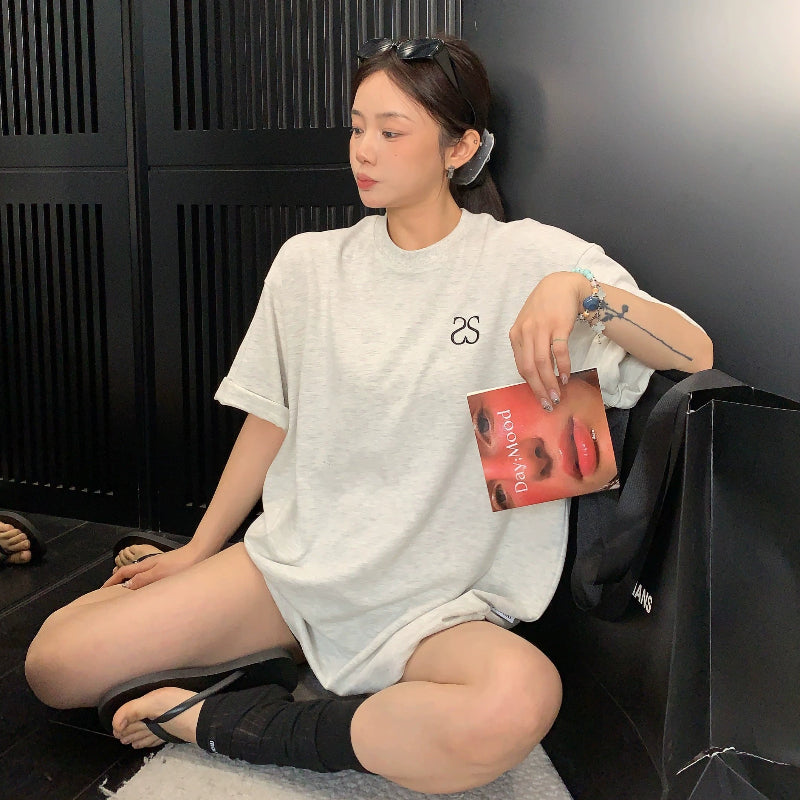 【トップス】ヴィンテージ風 シンプル刺繍Tシャツ 綿100％ レディース 夏 オーバーサイズ 半袖【FCシリーズ】
