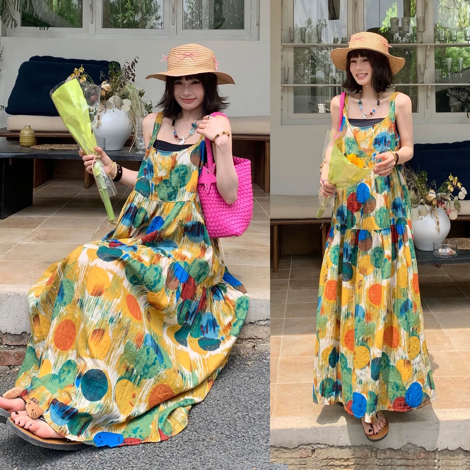 ワンピース】アート油絵風 ゆったりレトロ 着痩せ効果 ノースリーブ