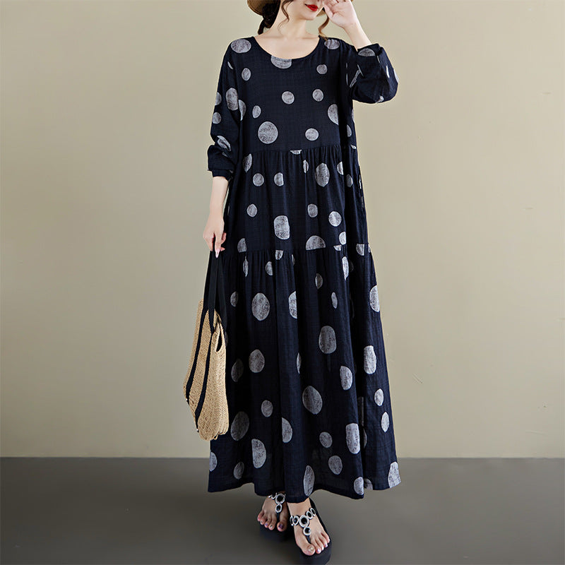 期間限定🍂60%OFF【ワンピース】レトロプリントワンピース レディース 秋新作 長袖 クルーネック ゆったり フレア ロング丈【SHシリーズ】