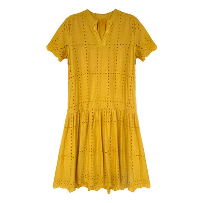 【ワンピース】夏 透かし彫り レース 刺繍 Vネック 半袖 ワンピース【SNシリーズ】