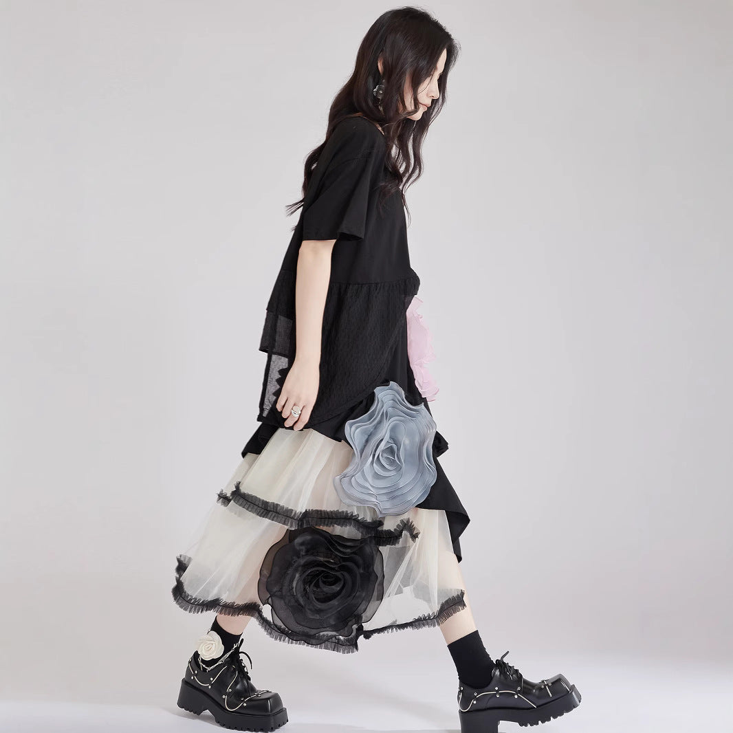 【ボトムス】春 秋 夏 ふんわり 不規則 切り替え 大きなローズ スカート 【AHシリーズ】