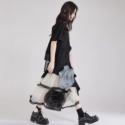 【ボトムス】春 秋 夏 ふんわり 不規則 切り替え 大きなローズ スカート 【AHシリーズ】