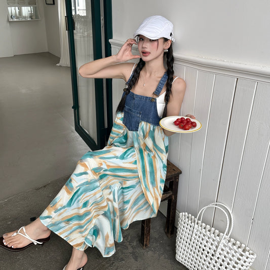 【ワンピース】夏新作 デザイン感たっぷり デニム切り替え シフォン花柄ノースリーブワンピース【SHシリーズ】