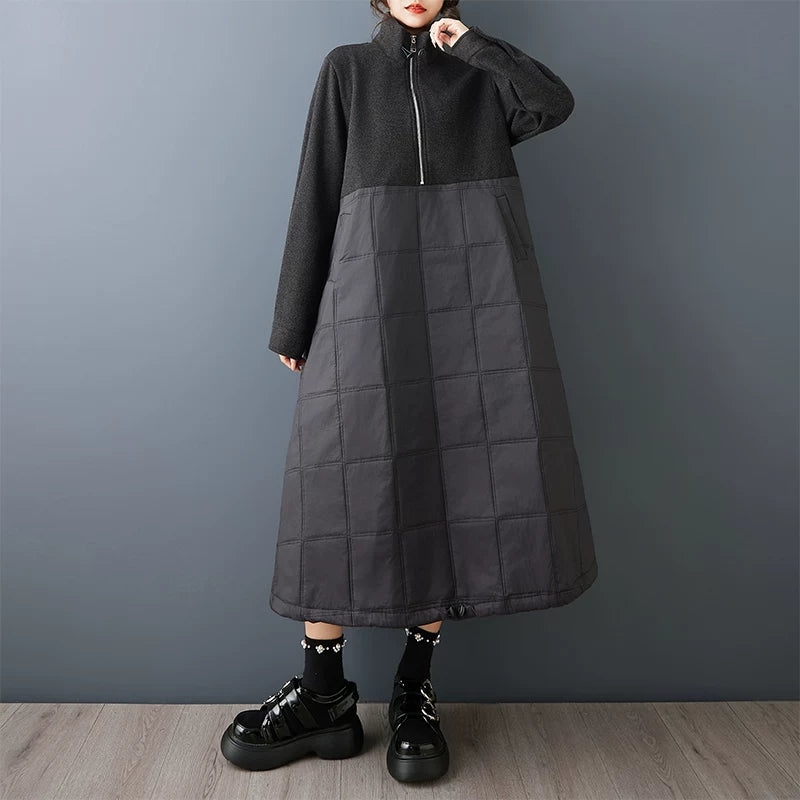 【ワンピース】ダークモード 長袖ワンピース 高級感 切替 中綿入り チェック柄 ミディ丈 レディース 秋冬 ロングドレス【AHシリーズ】