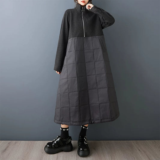 【ワンピース】ダークモード 長袖ワンピース 高級感 切替 中綿入り チェック柄 ミディ丈 レディース 秋冬 ロングドレス【AHシリーズ】