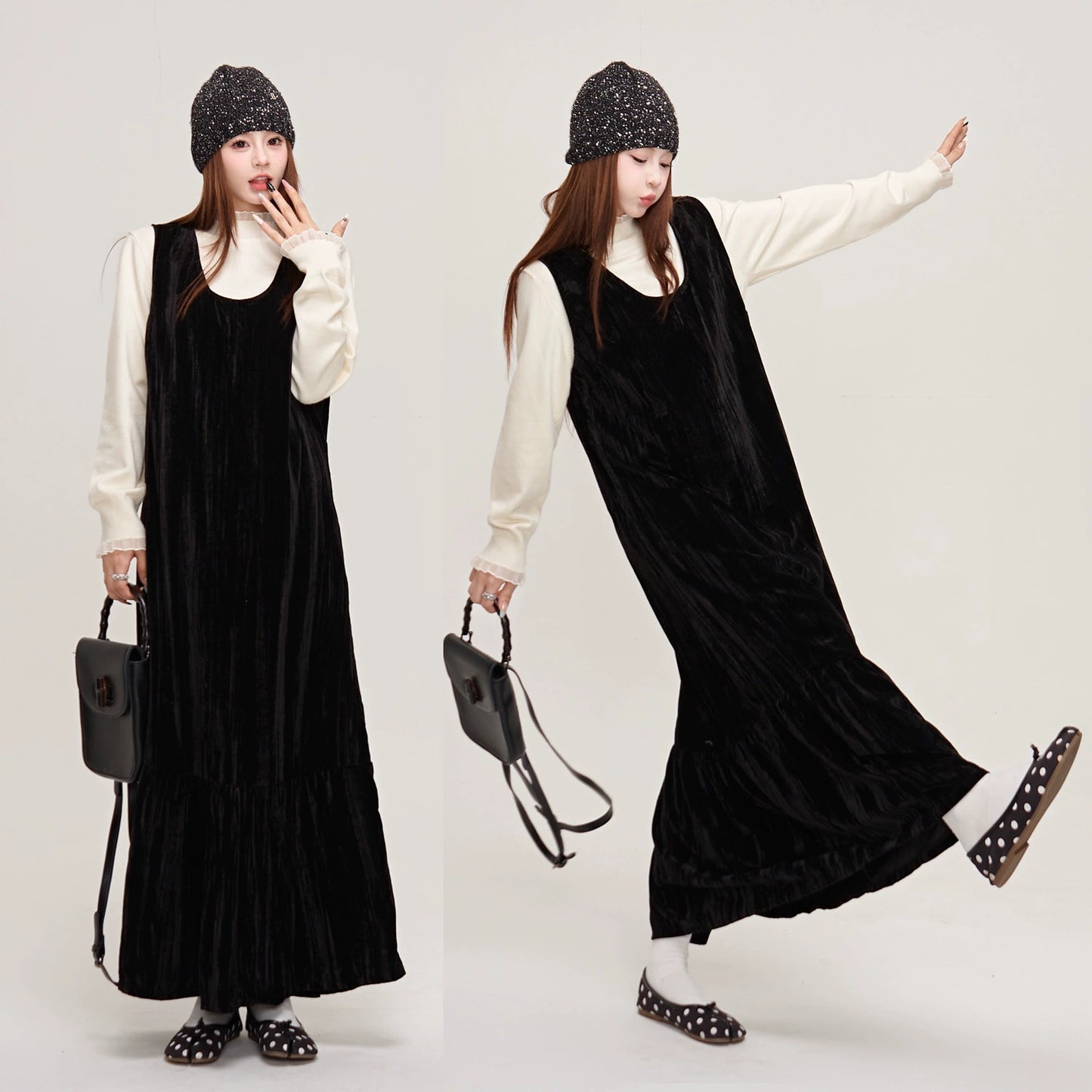 【ワンピース】上品＆高見え♡ブラックベルベット ノースリーブワンピース ロングベストワンピ  レディース 秋冬気品【JZシリーズ】