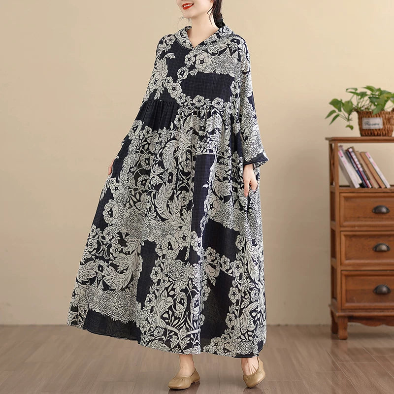 【60%OFF⭐️早い者勝ち】【ワンピース】上品 ナチュラル コットンリネン フード付き プリント 長袖ワンピース 大きいサイズ レディース ロングドレス【SHシリーズ】