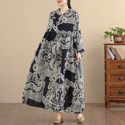 【60%OFF⭐️早い者勝ち】【ワンピース】上品 ナチュラル コットンリネン フード付き プリント 長袖ワンピース 大きいサイズ レディース ロングドレス【SHシリーズ】