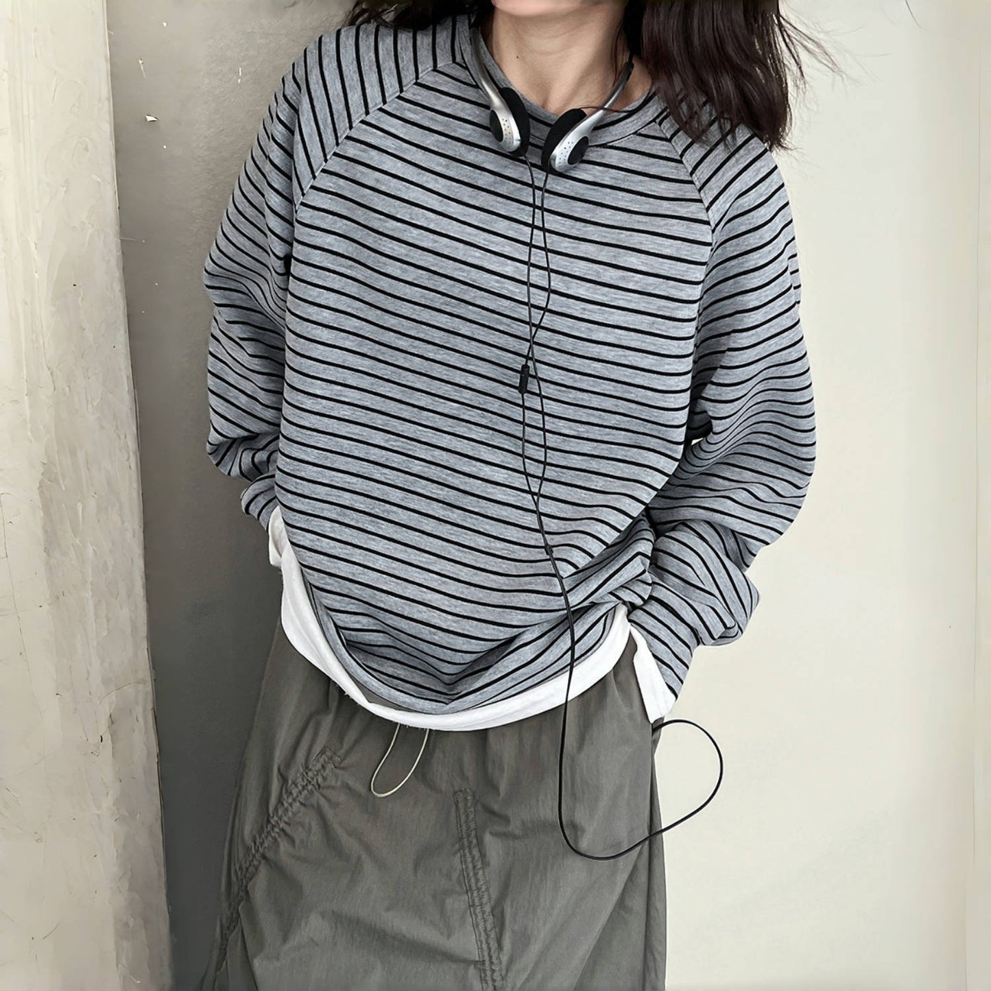 【トップス】春秋 韓国風 高級感 配色 しま模様 パーカー【SNシリーズ】