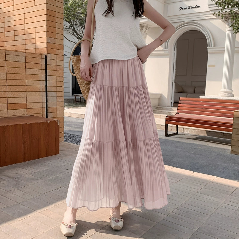 【ボトムス】ドレープ感 ハイウエスト フレアAライン シフォン ケーキプリーツスカート【JZシリーズ】