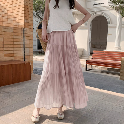 【ボトムス】ドレープ感 ハイウエスト フレアAライン シフォン ケーキプリーツスカート【JZシリーズ】