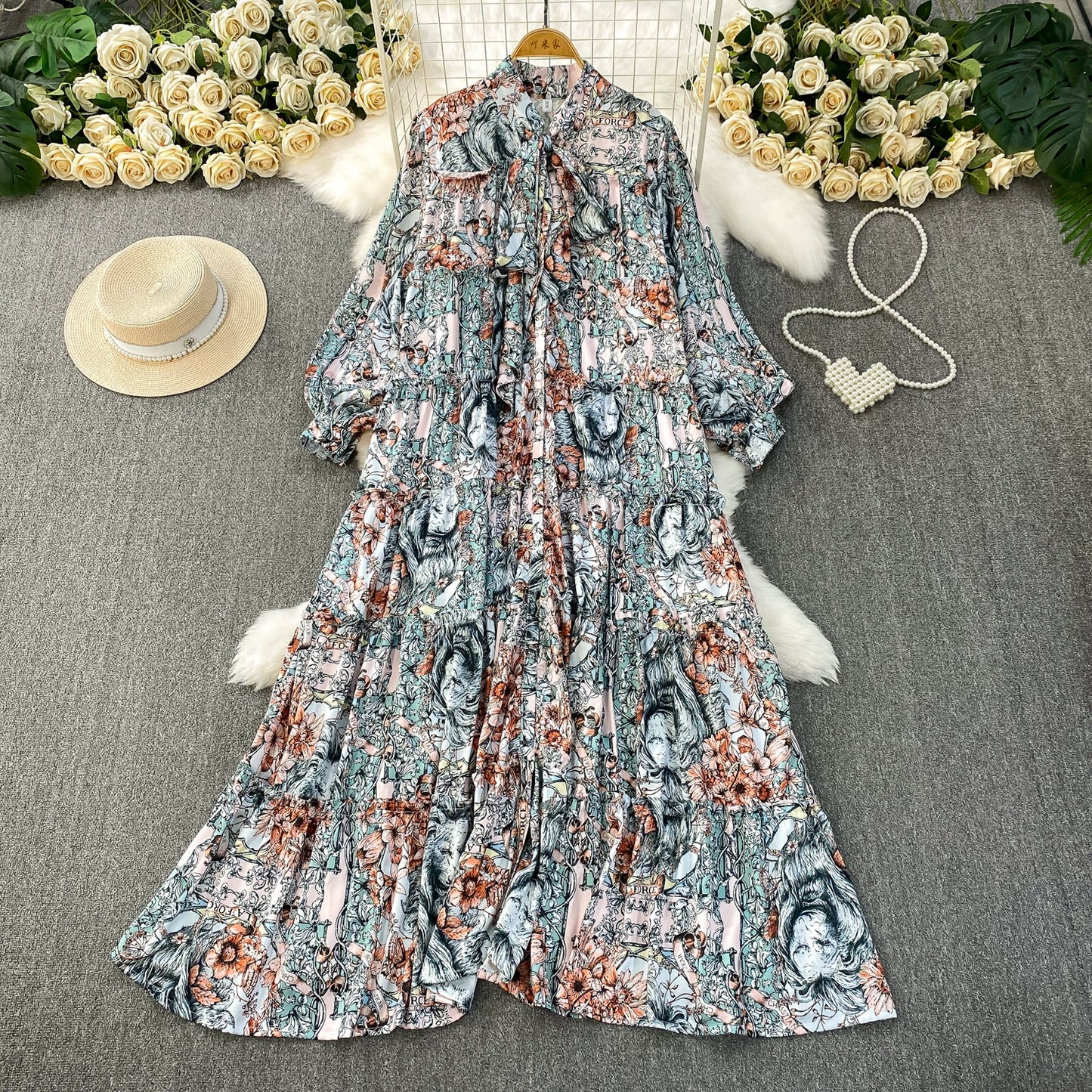 【ワンピース】プリントVネック お腹周りカバー フリル 長袖 ワンピース 【SHシリーズ】