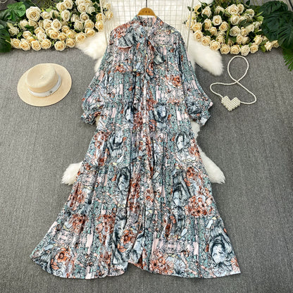 【ワンピース】プリントVネック お腹周りカバー フリル 長袖 ワンピース 【SHシリーズ】