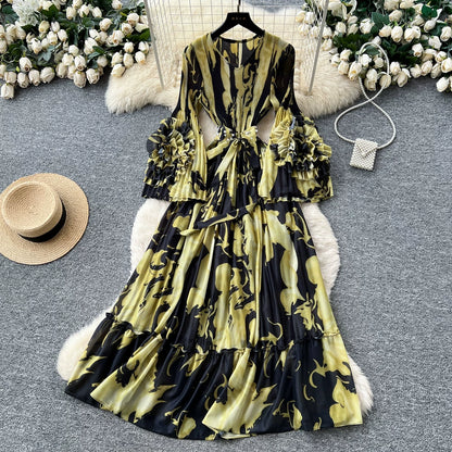 【ワンピース】フレンチ花柄ワンピース Vネック 長袖 立体フラワー フレアロング 着痩せ エレガント リゾートワンピ【SHシリーズ】