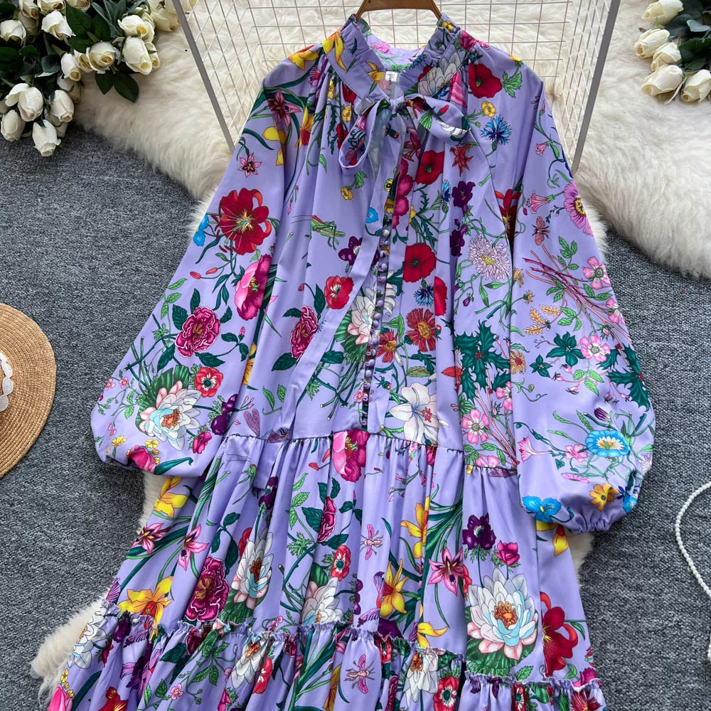 【60%OFF⭐️早い者勝ち】【ワンピース】クラシカル バルーンスリーブ フレンチ リボン付き 花柄 プリント 長袖 ワンピース【SHシリーズ】