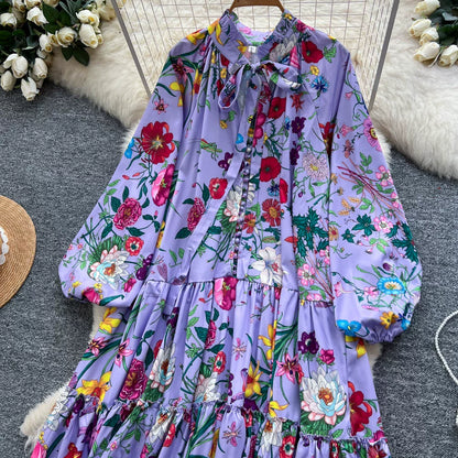 【60%OFF⭐️早い者勝ち】【ワンピース】クラシカル バルーンスリーブ フレンチ リボン付き 花柄 プリント 長袖 ワンピース【SHシリーズ】