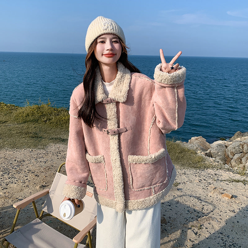 【アウター】冬新作 レディース ピンク スエード ボアコート フェイクムートン 厚手 あったか おしゃれ【JZシリーズ】