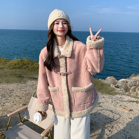 【アウター】冬新作 レディース ピンク スエード ボアコート フェイクムートン 厚手 あったか おしゃれ【JZシリーズ】