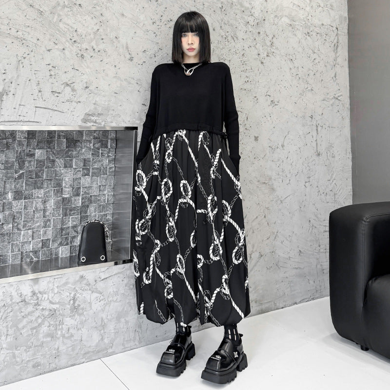 【24AW】【ワンピース】切り替え ニット プリント ワンピース【AHシリーズ】