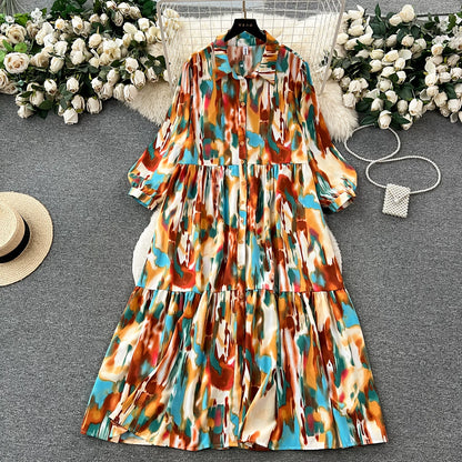 4カラー【ワンピース】個性派 グラデーション柄 長袖 ゆったりシルエット 体型カバー Aライン フレア シャツワンピース レディース ワンピース【SHシリーズ】