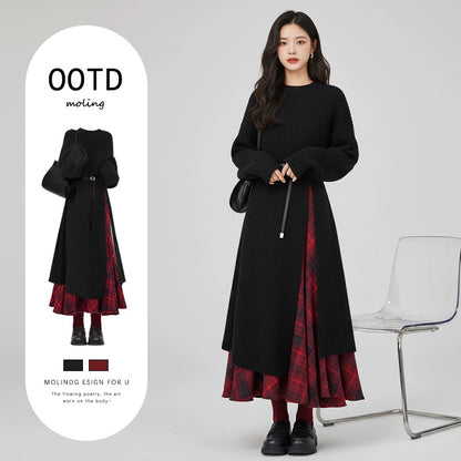 【セットアップ】春 秋 冬  ニット ワンピース+ベルト+チェック柄 スカート 3点セット 【JZシリーズ】