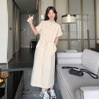 【ワンピース】韓国風ワンピース 夏 気質 ハイウエスト 半袖 ワーク風 ロングワンピース【JZシリーズ】