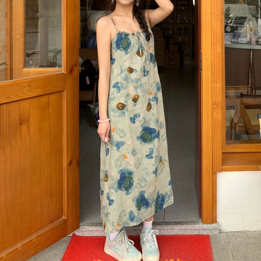 【ワンピース】ブルー アート感漂うアンダートレンドデザイン ノースリーブキャミソールワンピース【SHシリーズ】