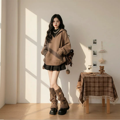 【セットアップ】コーヒー フード付き セーター + ブラックワンピース 2点上下セット【JZシリーズ】