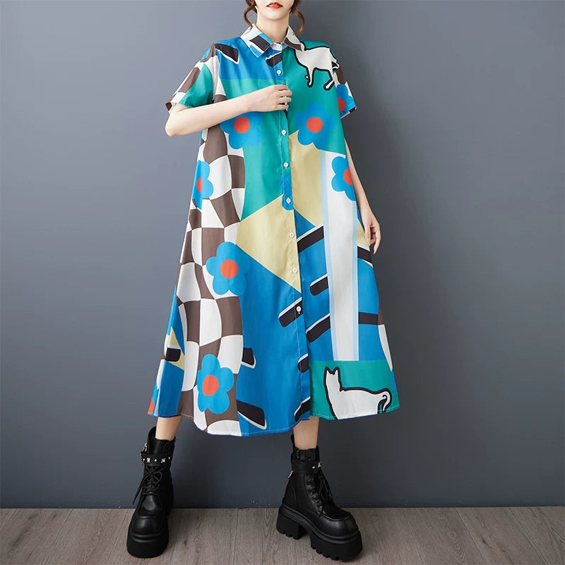 期間限定⭐60%OFF【ワンピース】韓国風 猫プリント シャツドレス 半袖 ワンピース 夏 大きいサイズ 痩せ見え Aライン ミモレ丈 体型カバー お洒落 カジュアル ぽっちゃり【SHシリーズ】