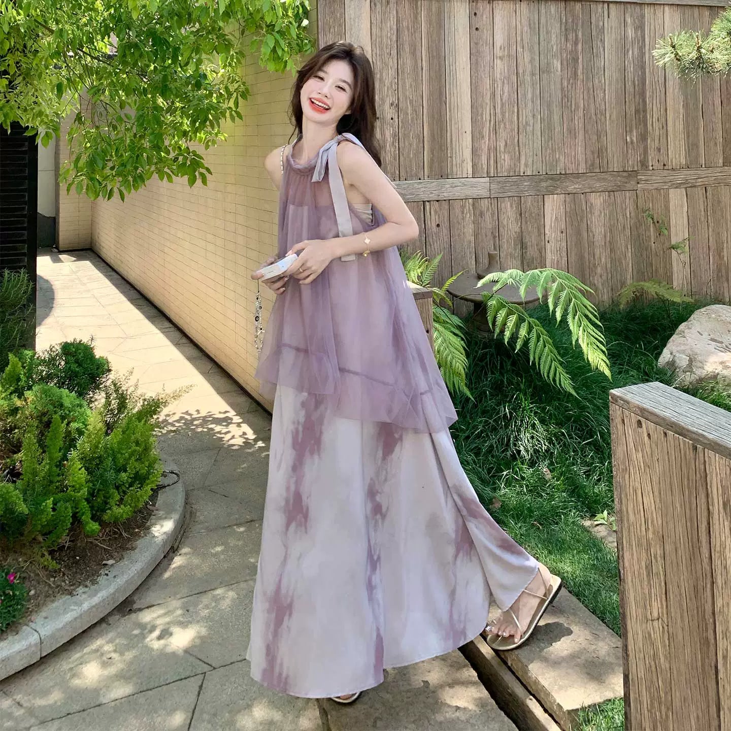 【ワンピース】フレンチ温柔感 フェイクツーインワンピース ノースリーブドレス【SHシリーズ】