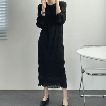 【24AW】【ワンピース】プリーツ ランタン袖 シフォン ラウンドネック 気質 ドレス 長袖ワンピース