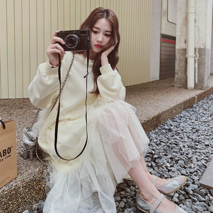 【ワンピース】カジュアル ミックス チュール 若見え 合わせやすい 長袖ワンピース【JZシリーズ】