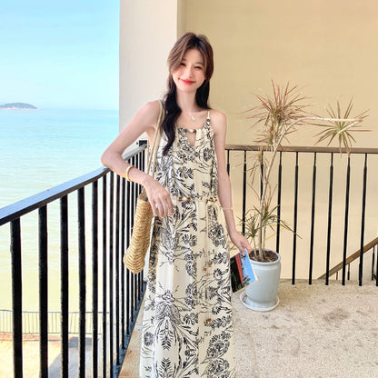 【ワンピース】ヴィンテージ水墨プリント フリンジパッチワーク リゾート風 ノースリーブワンピース【SHシリーズ】