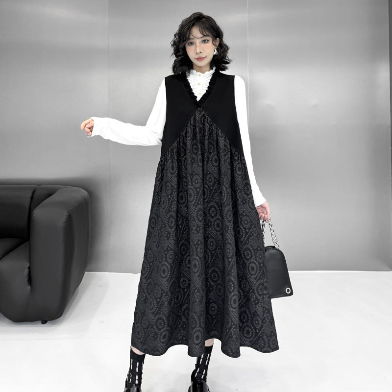 【ワンピース】暗黒系 ノースリーブVネックベストワンピース レディース 新作 ゆったり体型カバー ミディ丈【AHシリーズ】