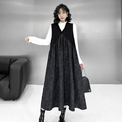 【ワンピース】暗黒系 ノースリーブVネックベストワンピース レディース 新作 ゆったり体型カバー ミディ丈【AHシリーズ】