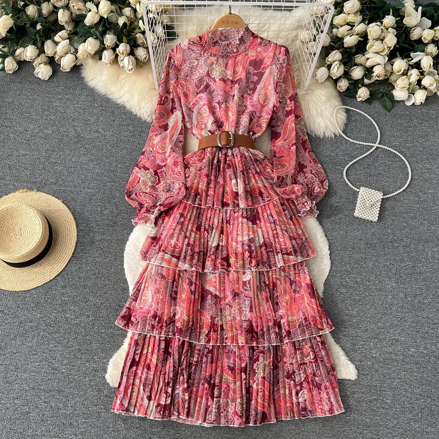 【ワンピース】ボリュームスリーブ プリント ウエスト切り替え ふんわり フレア 長袖 ワンピース 【SHシリーズ】