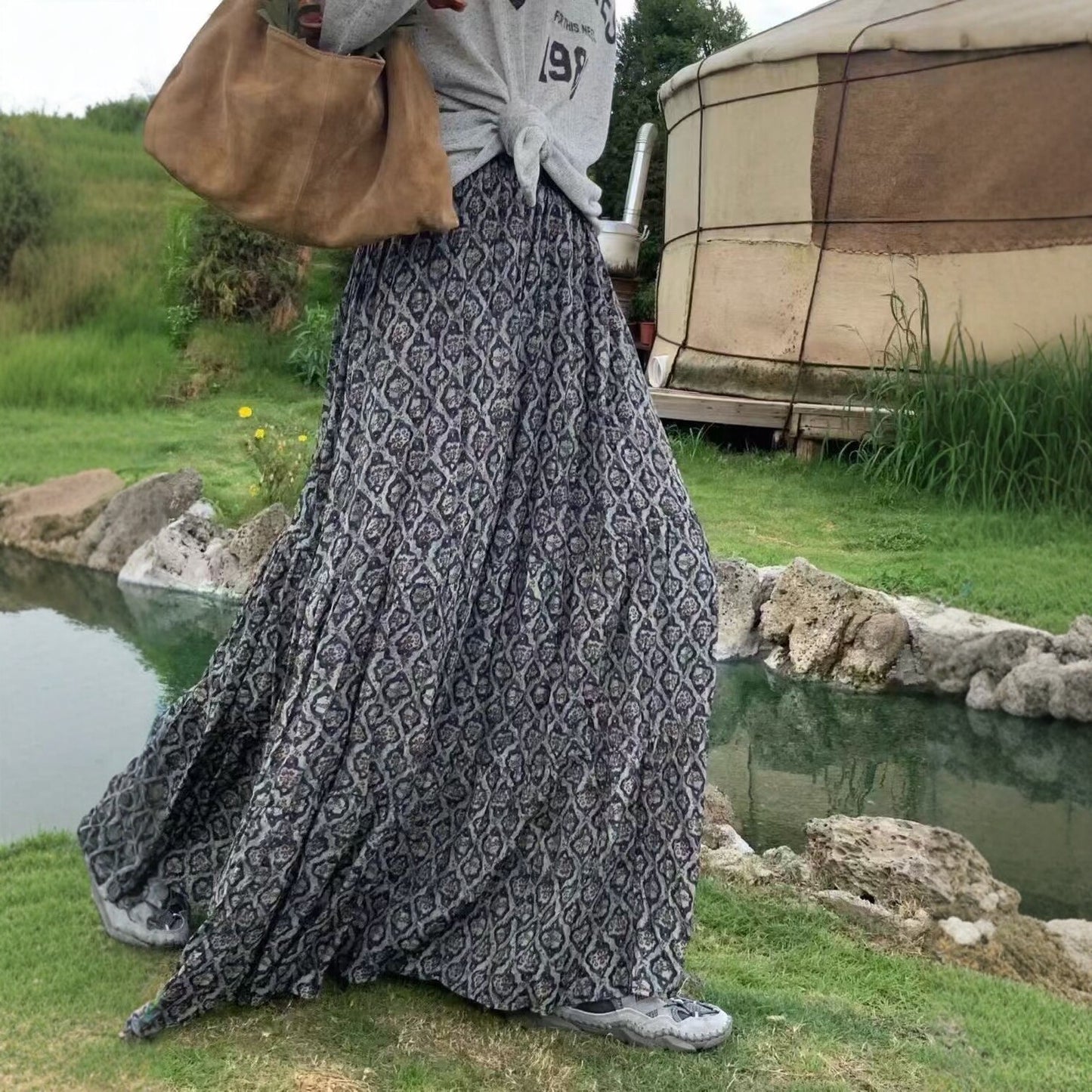 【ボトムス】レトロ花柄 フレアロング丈 ゆったりシルエット スカート【SHシリーズ】