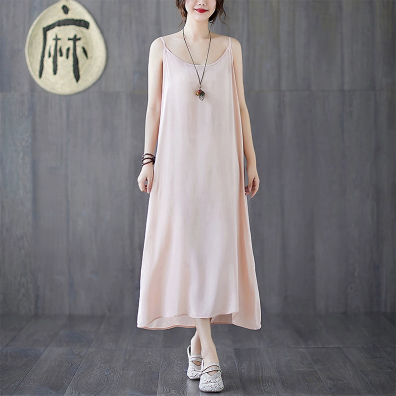 【ワンピース】夏新作 文芸系シンプル 無地キャミソールワンピース ゆったりロング丈 インナーとしても活躍