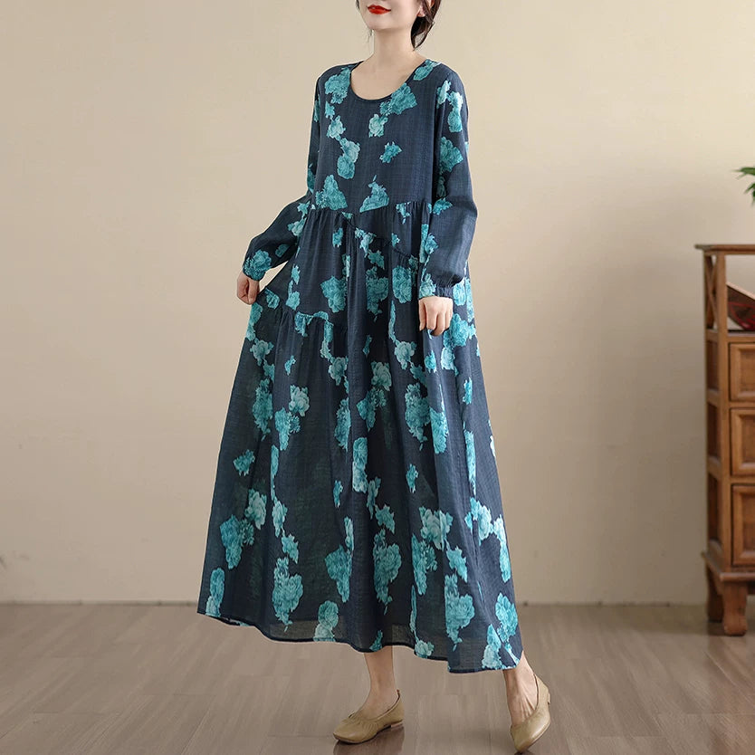 【ワンピース】レトロ 花柄プリント 長袖 ロング Aライン ゆったり 裾フレア ワンピース【SHシリーズ】