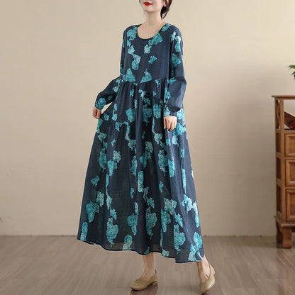 【ワンピース】レトロ 花柄プリント 長袖 ロング Aライン ゆったり 裾フレア ワンピース【SHシリーズ】