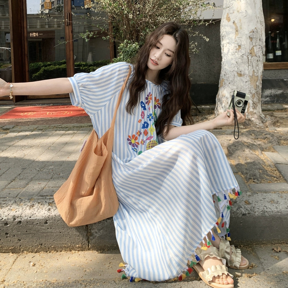 ワンピース】韓国風 上品 リラックス感 ストライプ柄 半袖ワンピース