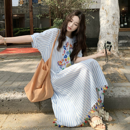 【ワンピース】韓国風 上品 リラックス感 ストライプ柄 半袖ワンピース レディース 夏用【SHシリーズ】