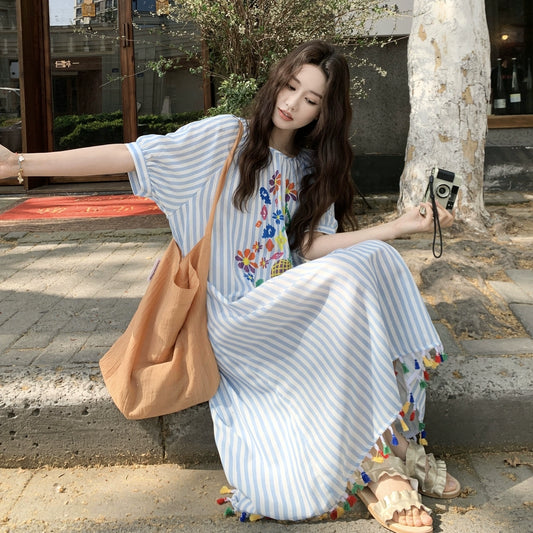 【ワンピース】韓国風 上品 リラックス感 ストライプ柄 半袖ワンピース レディース 夏用【SHシリーズ】