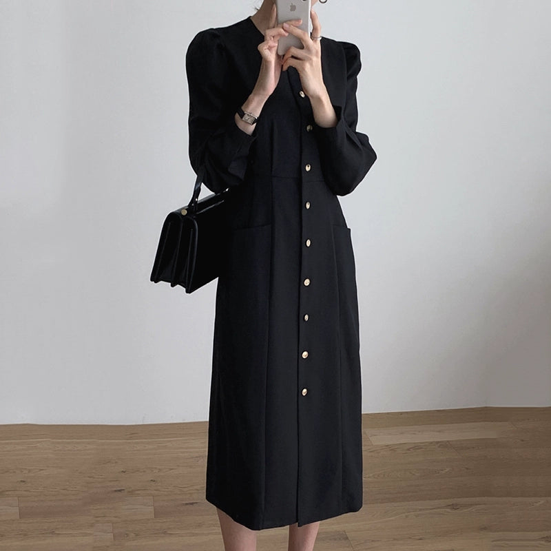 【24AW】【ワンピース】韓国風 chic ラウンドネック 単列ボタン 長袖ワンピース