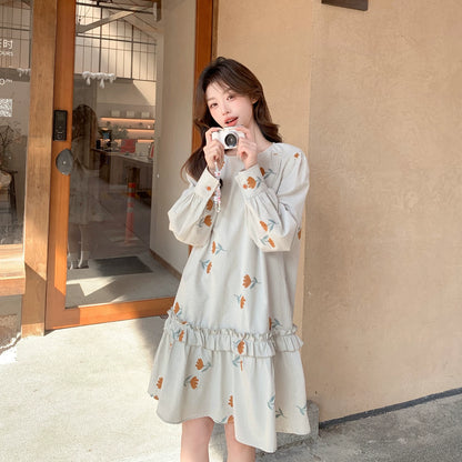 【ワンピース】くすみブルー刺繍ワンピース レディース 小柄さん向け ゆったり 大人可愛い 秋コーデ【SHシリーズ】