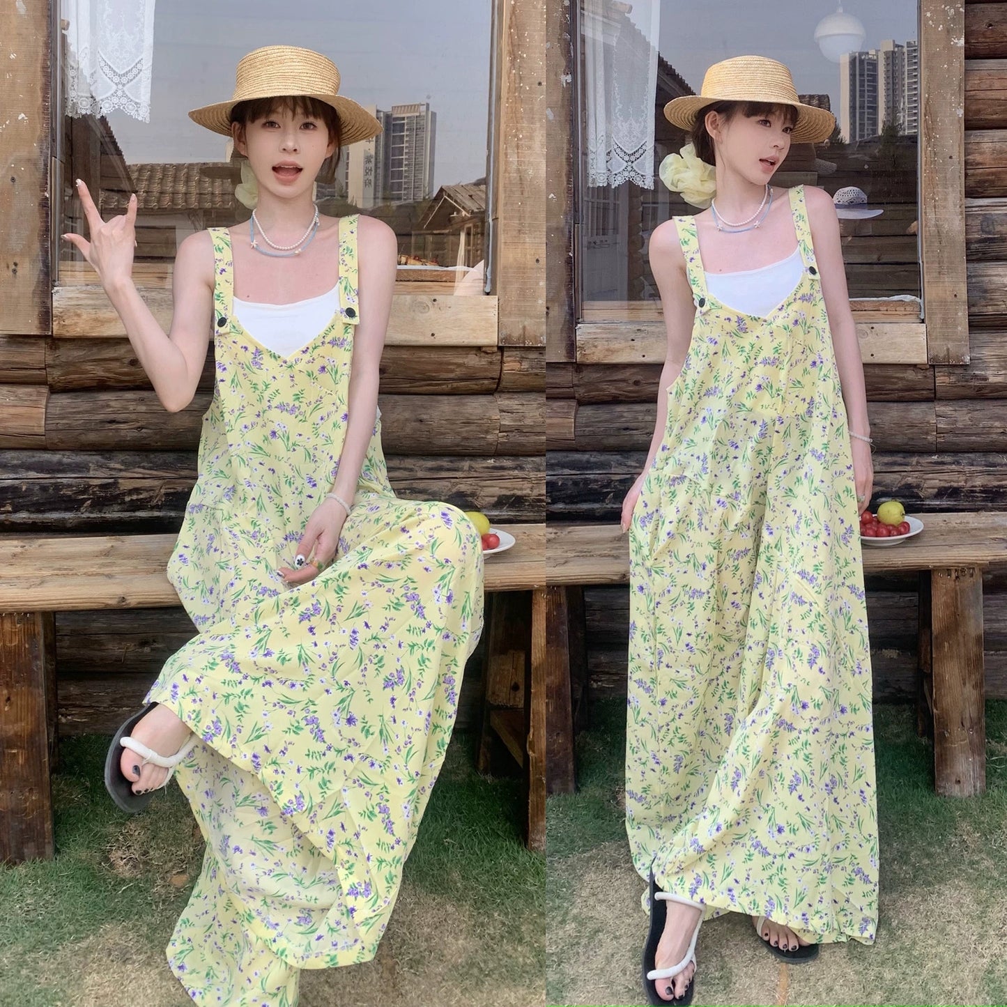 【ボトムス】夏新作 清涼感たっぷり  淡レモンカラー Vネック オーバーサイズサロペット オールインワン【SHシリーズ】