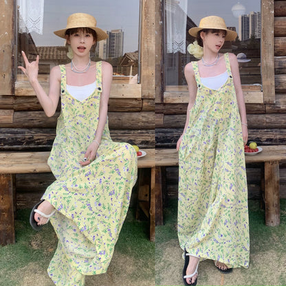 【ボトムス】夏新作 清涼感たっぷり  淡レモンカラー Vネック オーバーサイズサロペット オールインワン【SHシリーズ】