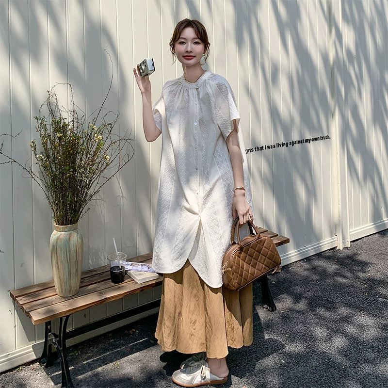 2点セット！【セットアップ】スタンドカラー シャツ フレアスカート 上下セット 上品 きれいめ 体型カバー ゆったり ミモレ丈【JZシリーズ】
