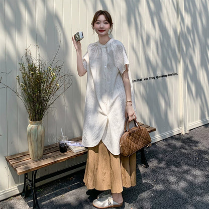 2点セット！【セットアップ】スタンドカラー シャツ フレアスカート 上下セット 上品 きれいめ 体型カバー ゆったり ミモレ丈【JZシリーズ】