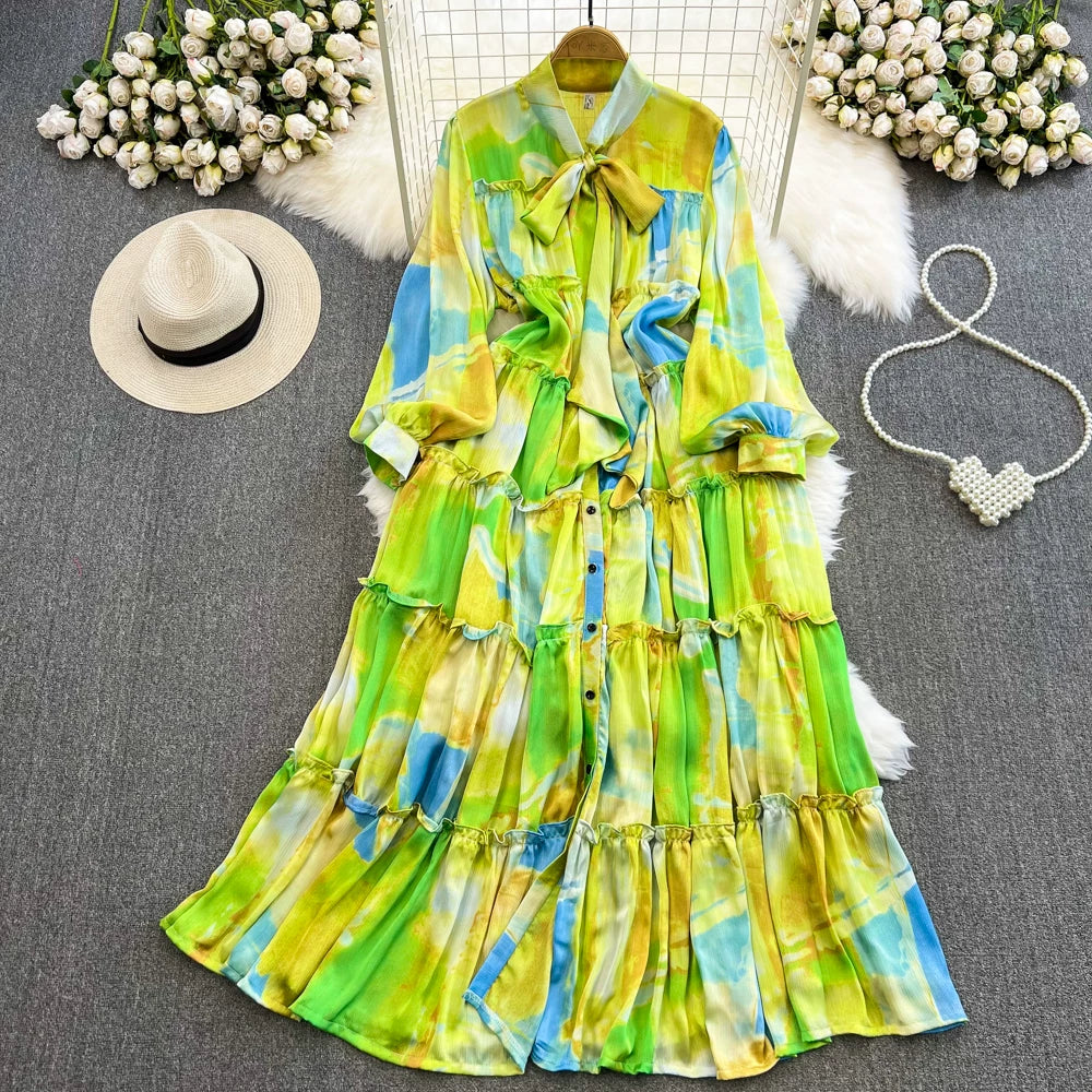 【ワンピース】シングルボタン プリント レディライク フレア 長袖 ワンピース 【SHシリーズ】